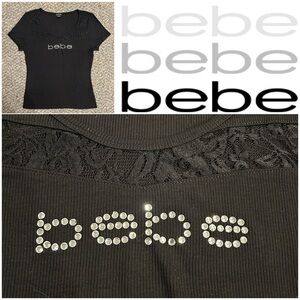 Bebe Ribbed Lacy Logo Short Sleeve Blouse